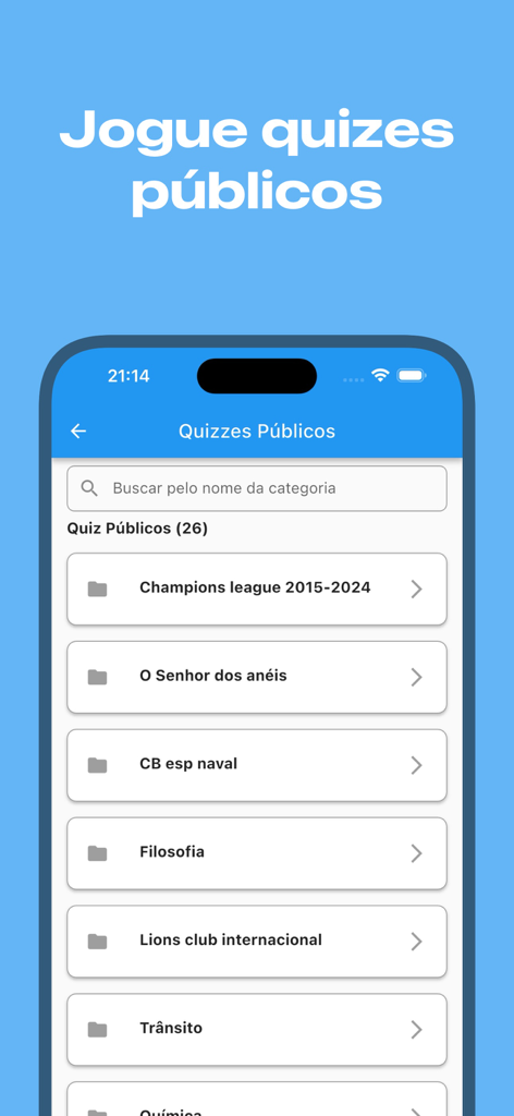 Quizada - Quizada app screen displaying a list of public trivia categories for users to join