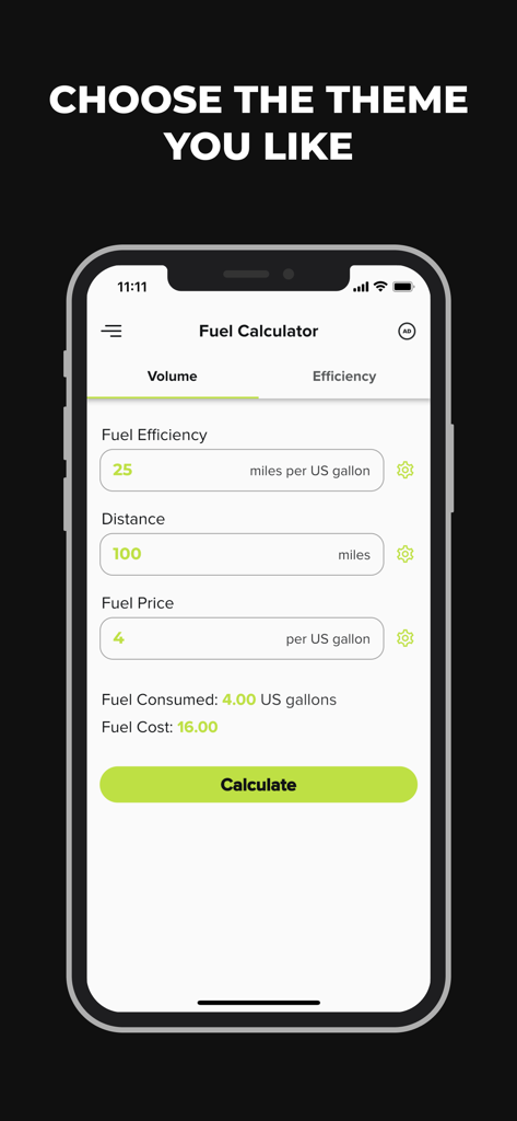 Fuel Calculator app screen showing distance and fuel cost calculation