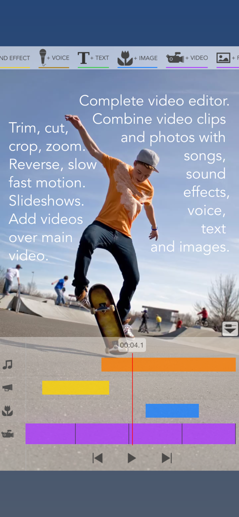 Interfaccia dell'app Videocraft che mostra un editor video multi-traccia con uno skater e descrizioni delle funzionalità