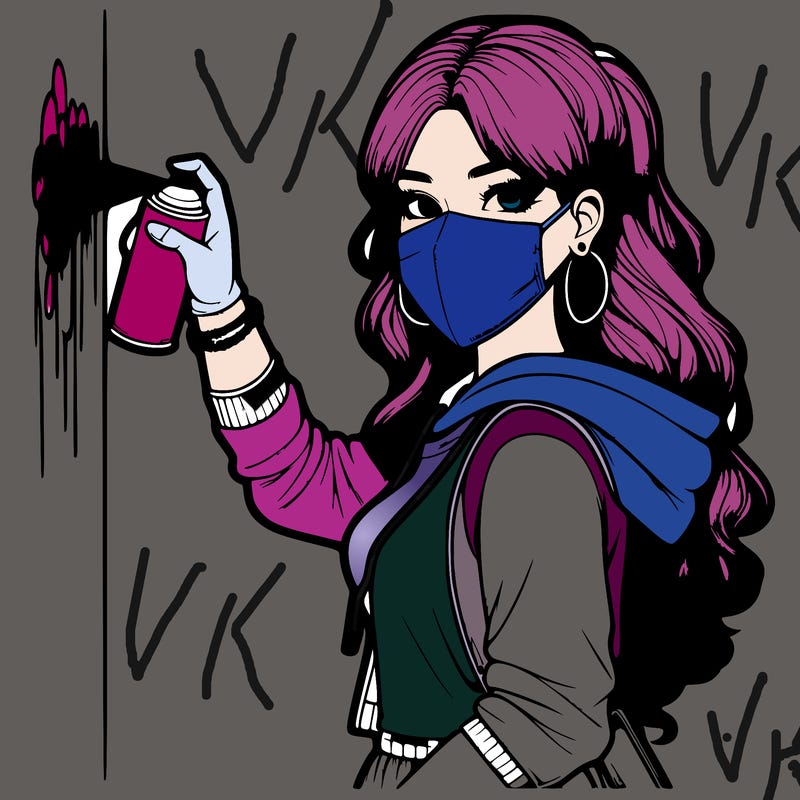 realistic girl with mask spray painting a wall