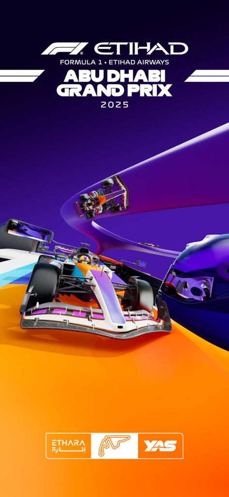Abu Dhabi GP - Introductory splash screen for the Abu Dhabi GP 2025 mobile app showing a stylized Formula 1 racing car and event logos