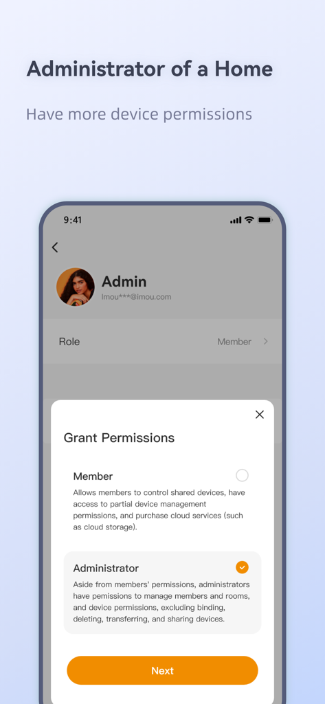 Schermata dell'app Imou Life che mostra l'interfaccia per la concessione dei permessi per un ruolo di amministratore domestico