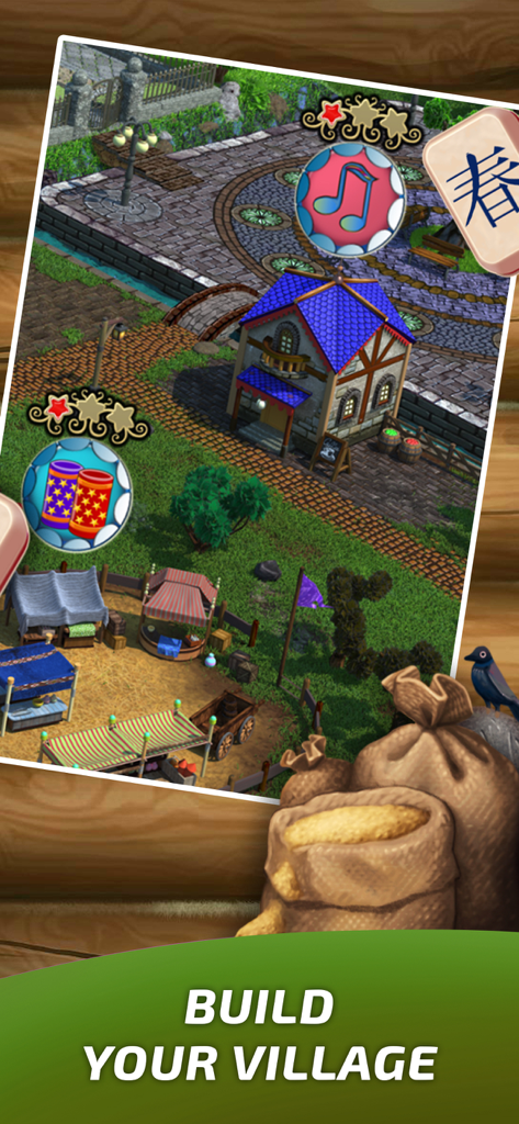 Mahjong Village Solitaire game - A top-down view of a colorful virtual village in Mahjong Village Solitaire with houses, market stalls, and a grain sack in the foreground.
