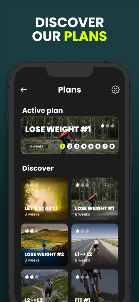 Interface of the CycleGo app showing various indoor cycling and running training plans such as lose weight and start programs.