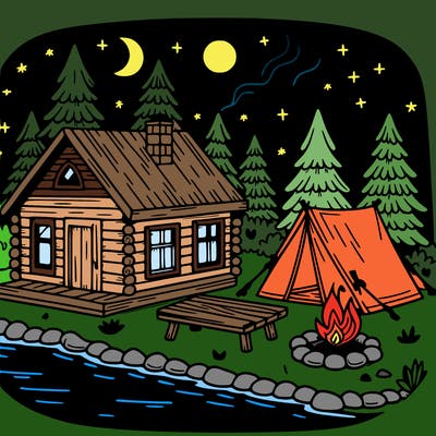 a cabin in the woods next to a lake in the night and a tent and campfire next to the cabin