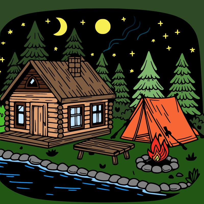 a cabin in the woods next to a lake in the night and a tent and campfire next to the cabin