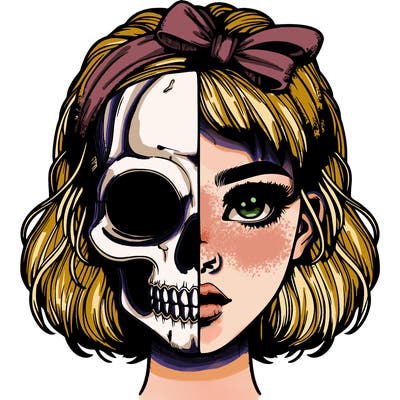 realistic girl with half skull mask