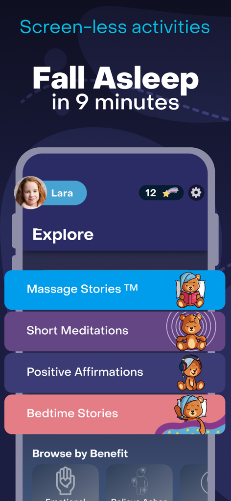 Storybook: Sleep & Meditation - Storybook app interface showing categories for massage stories meditations and bedtime stories to help children fall asleep