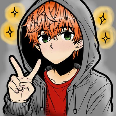 teenage manga boy in a hoodie, doing ✌