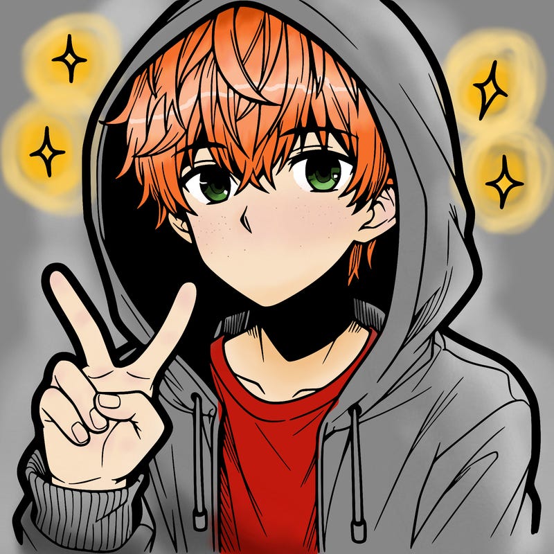 teenage manga boy in a hoodie, doing ✌