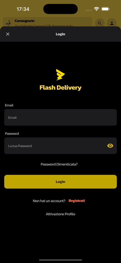 Flash Deliveryアプリのログイン画面。メールアドレスとパスワードの入力フィールドがあります