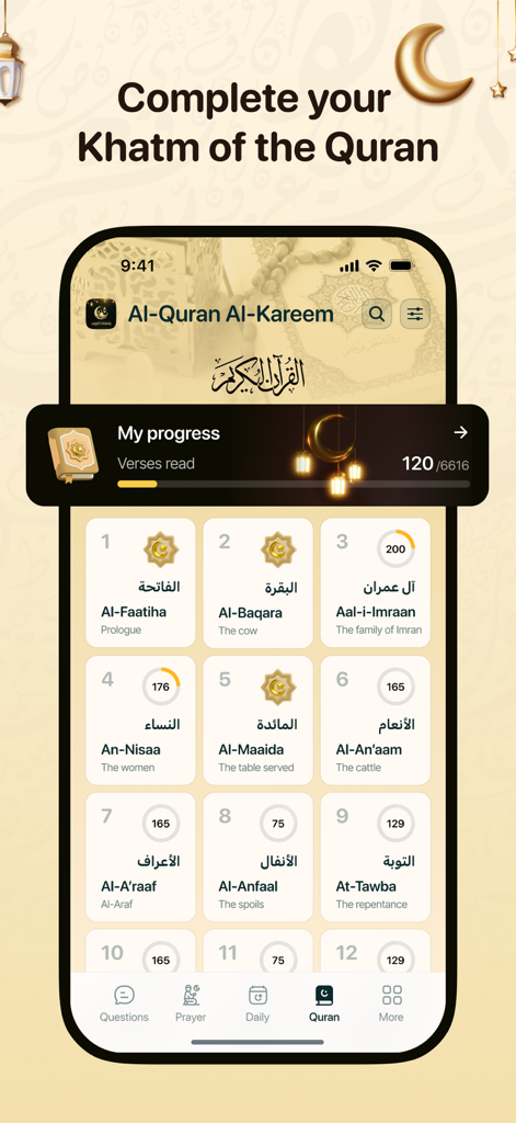 Pantalla de smartphone que muestra el progreso de lectura del Corán y una lista de Surahs para Khatm
