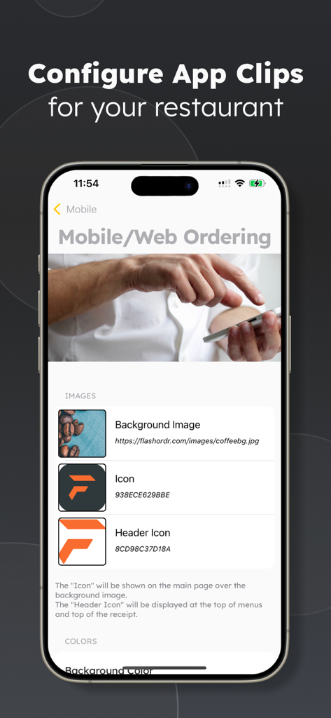 iPhone screen displaying the Flash Order app interface for configuring restaurant App Clips and mobile ordering branding