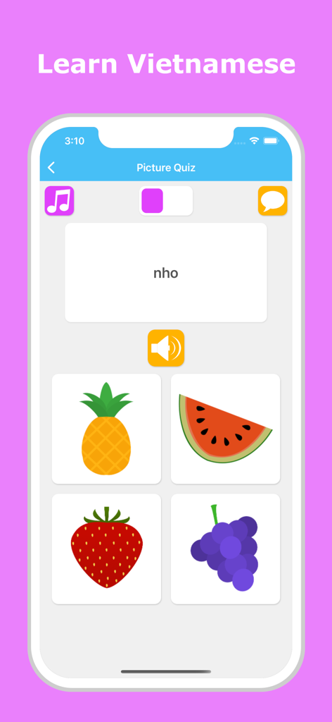 Learn Vietnamese - LuvLingua - A picture quiz in the Learn Vietnamese app showing fruit vocabulary
