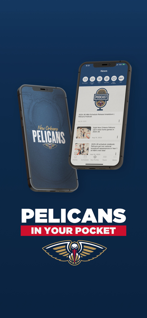 2台の携帯電話に表示されたニューオーリンズ・ペリカンズのモバイルアプリのニュースフィードとスプラッシュスクリーン