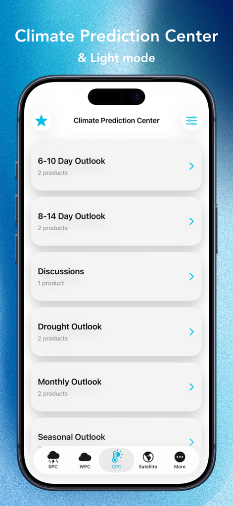 StormBase Climate Prediction Center menu showing various outlook options in light mode.