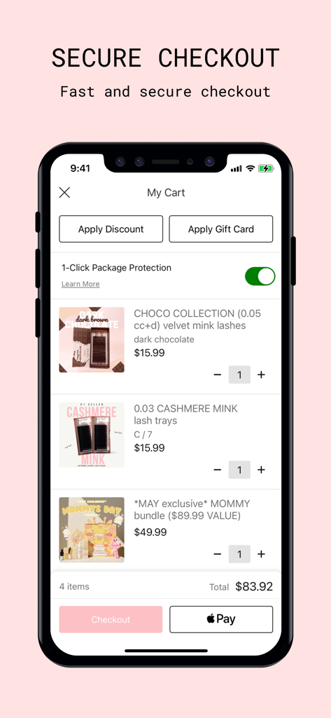 Mobile app interface of elan beaute showing the shopping cart with lash supplies and secure checkout options including Apple Pay