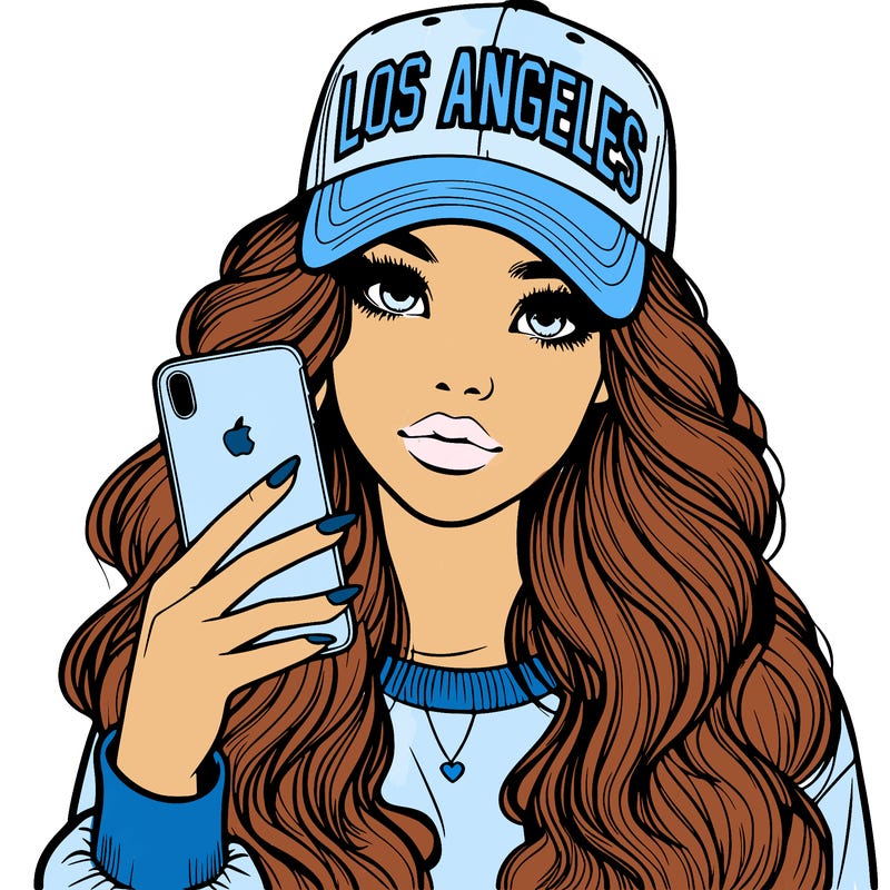realistic beautiful girl wearing los ángeles cap holding an iphone