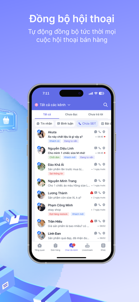 Interfaz de la aplicación MISA eShop que muestra conversaciones de ventas sincronizadas y etiquetas de estado del cliente