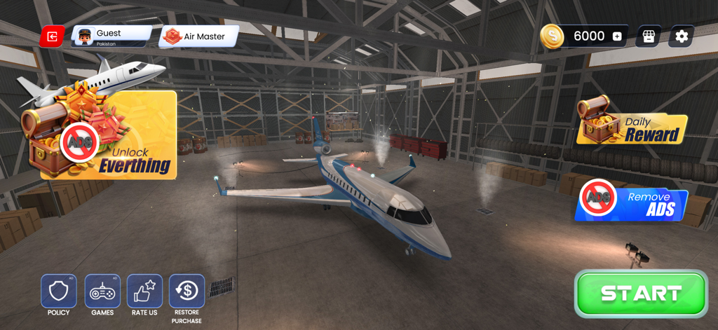 Real Flight Simulator - Private jet inside a hangar on the flight simulator game menu
