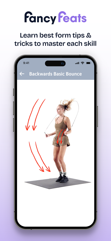 Fancy Feats -The Jump Rope App - A interface do aplicativo Fancy Feats exibindo um tutorial em vídeo para a habilidade de salto básico para trás com corda de pular