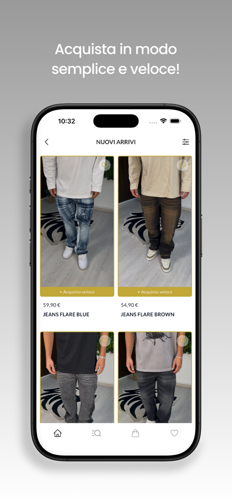 Nexus Company - Interfaccia dell'app Nexus Company che mostra nuovi arrivi di jeans svasati e abbigliamento in stile urbano