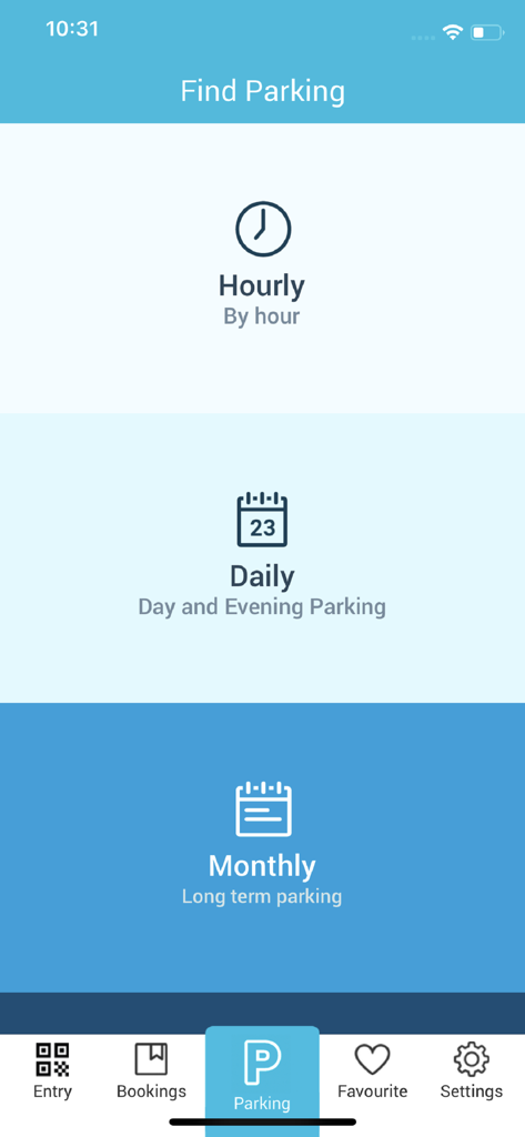 Divvy - Divvy mobile app interface showing options to book hourly daily or monthly parking