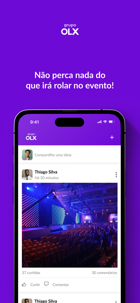 Grupo OLX | Eventos - Feed social profesional dentro de la aplicación móvil Grupo OLX Eventos mostrando una publicación con un gran escenario de evento.