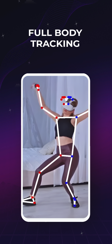 Driver4VR: Full Body Tracking - A woman wearing a VR headset with a pose estimation skeleton overlay for full body tracking on a mobile screen