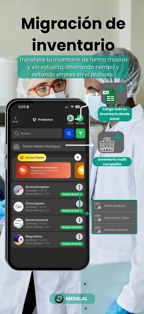 Medicals - Pantalla de la aplicación Medicals que muestra la migración de inventario y las funciones de carga de Excel para médicos