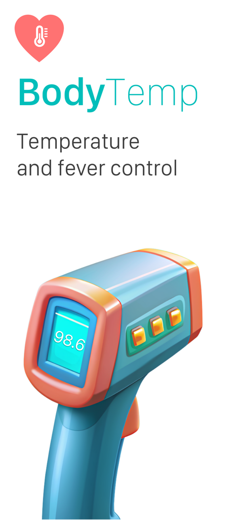 BodyTemp app intro screen featuring a digital thermometer illustration and temperature tracking text