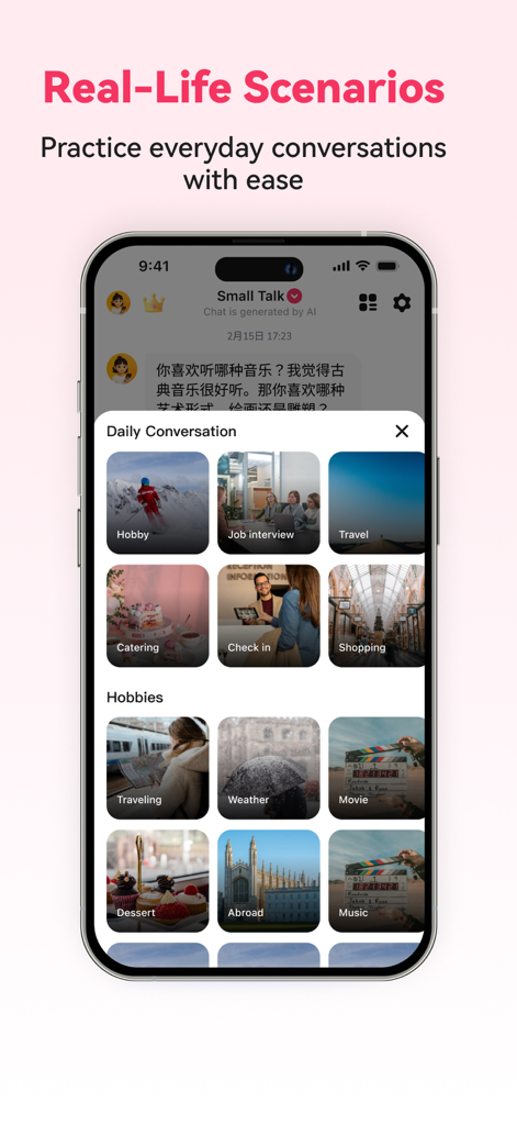 Chinese Ai - Learn Chinese - Pantalla de la aplicación Chino AI que muestra temas de conversación de la vida real como viajes, entrevistas de trabajo y compras.
