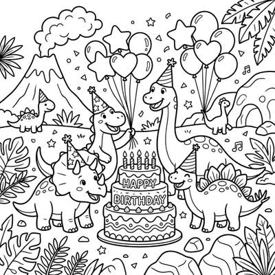 Join a party of friendly dinosaurs celebrating a birthday amidst a fun prehistoric landscape. This engaging coloring page, designed for toddlers, features thick lines, a festive cake, and playful balloons for hours of creative fun.
