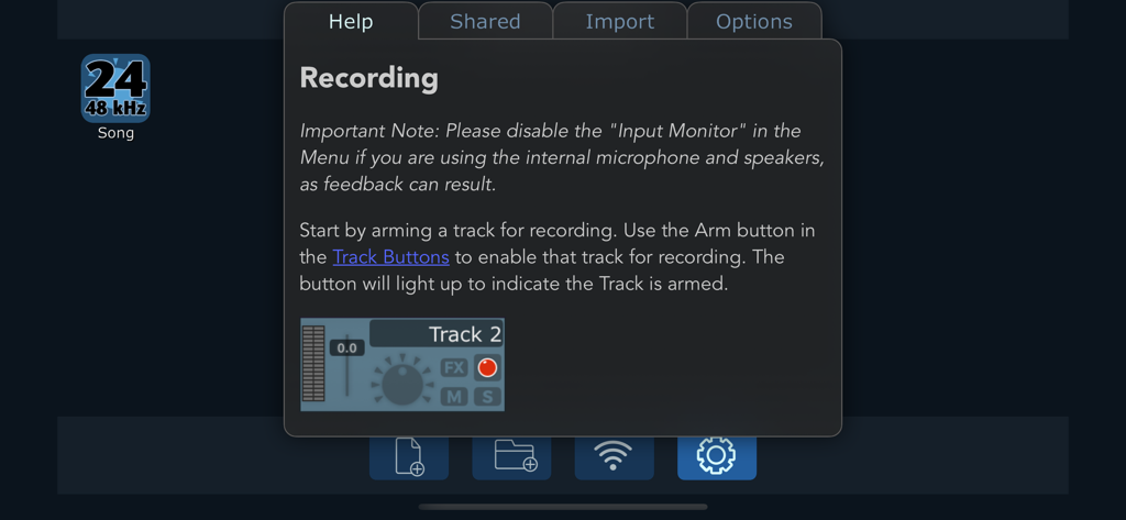 Recording help overlay in MultiTrack DAW showing track arming instructions and audio settings