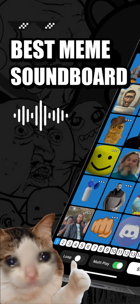 Deez meme soundboard interface with popular viral sound buttons and a crying cat meme