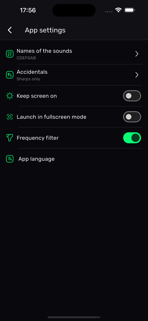 XTuner PRO - XTuner PRO app settings menu showing options for sound names accidentals and frequency filter