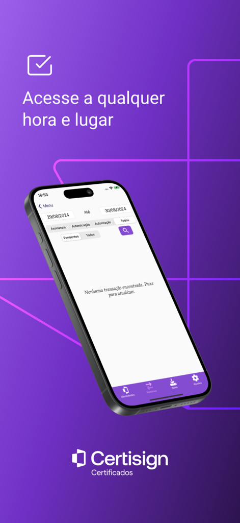 MobileID - Tela de smartphone exibindo a interface do aplicativo de certificado digital MobileID com opções de assinatura e autenticação em um fundo roxo.