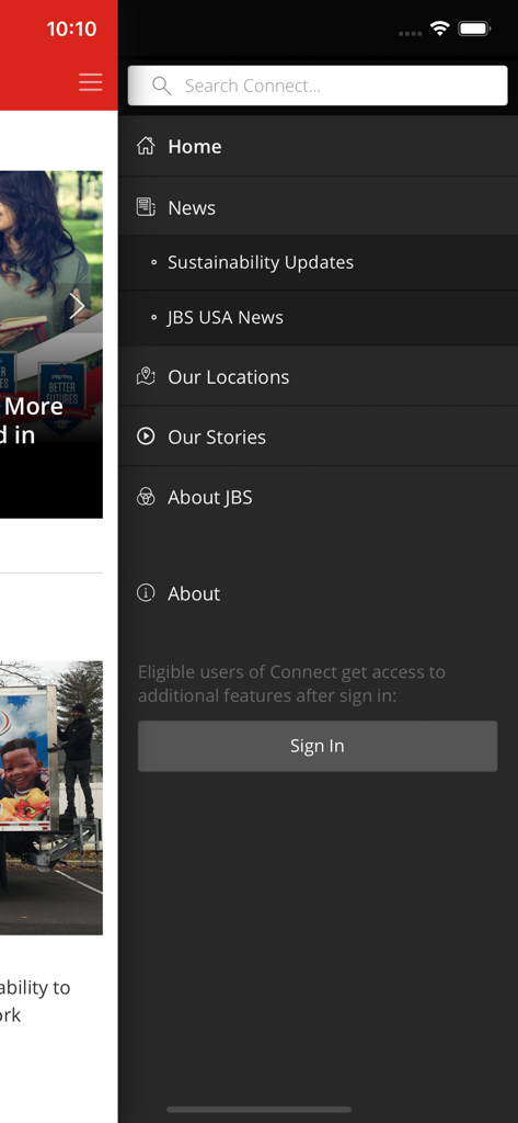 JBS Connect - Side navigation menu of the JBS Connect app showing categories like news, sustainability updates, and locations with a sign in button.