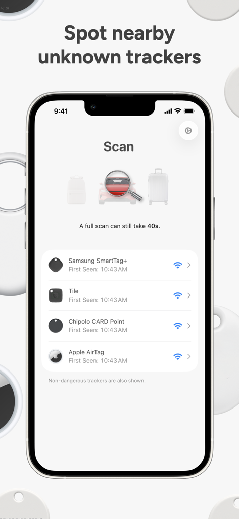 TrackerScan - Detect Trackers - TrackerScan app interface displaying a list of detected Bluetooth trackers like AirTag and Tile