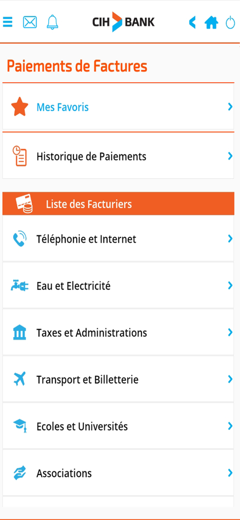 CIH MOBILE app interface showing the bill payment screen with options for internet, utilities, and taxes