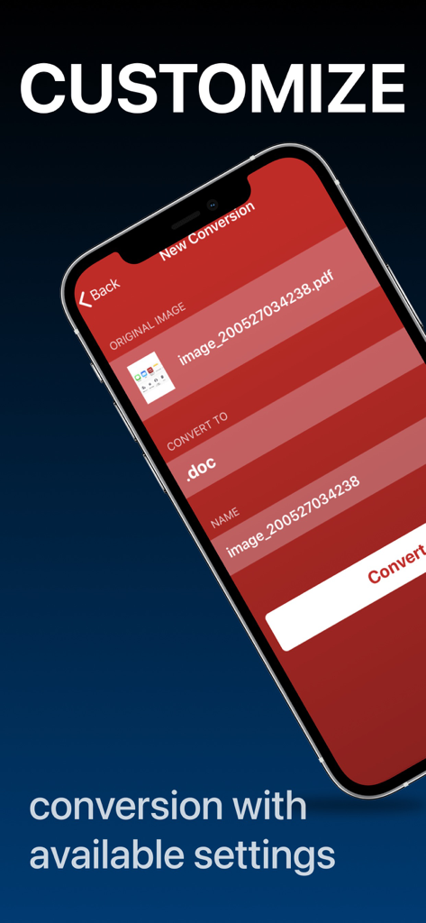ドキュメント変換設定をカスタマイズするオプションを表示するモバイルアプリインターフェイス