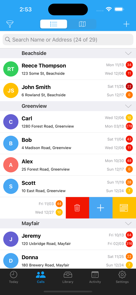 A list of ministry contacts in the ServicePlanner app showing visit history and heat map indicators.