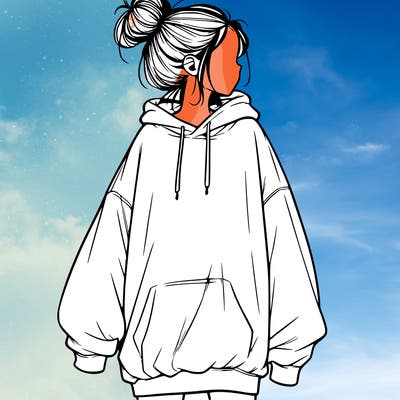 realistic girl with a oversized sweatshirt on and a bun