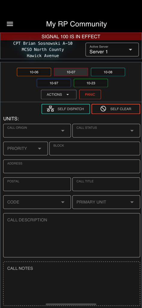 Sonoran CAD - Mobile dispatch and unit status interface in Sonoran CAD with active call details and status buttons