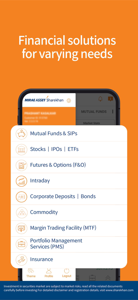 Mirae Asset Sharekhan App-Menü mit Finanzprodukten wie Investmentfonds, Aktien und IPOs