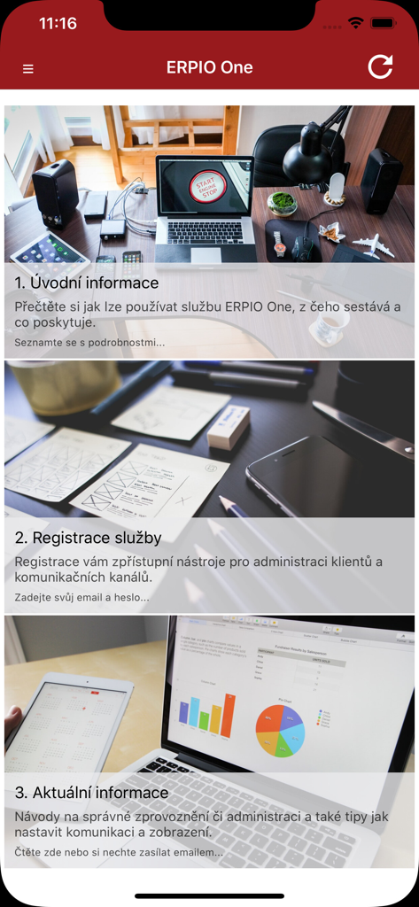 Dashboard dell'app mobile ERPIO One che mostra sezioni di informazioni aziendali e grafici dei dati
