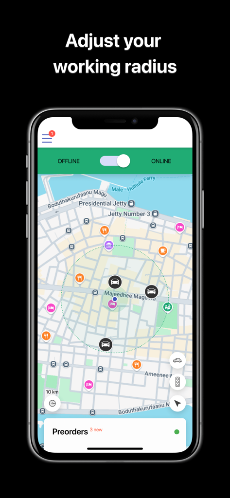 Nala Taxi Driver App - Nala Taxi 드라이버 앱의 모바일 인터페이스로, 운행 요청 수신을 위한 작동 반경 조정 기능이 있는 몰디브 말레 지도가 표시됩니다.