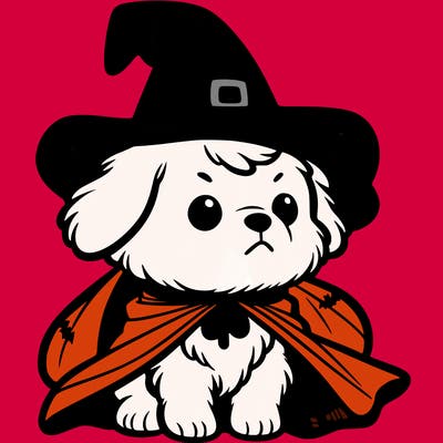 dog wearing which hat and orange  cape