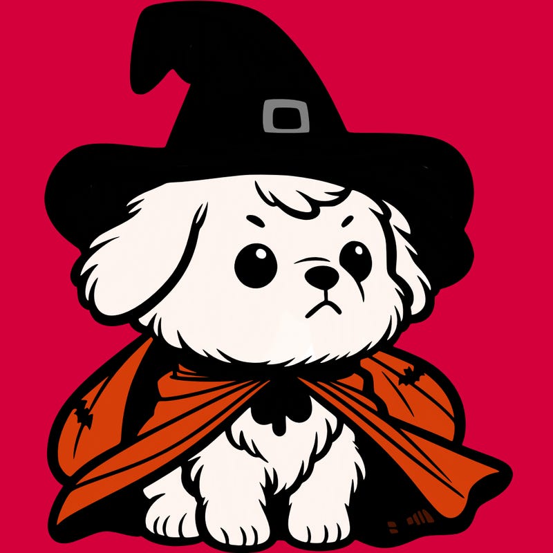 dog wearing which hat and orange  cape