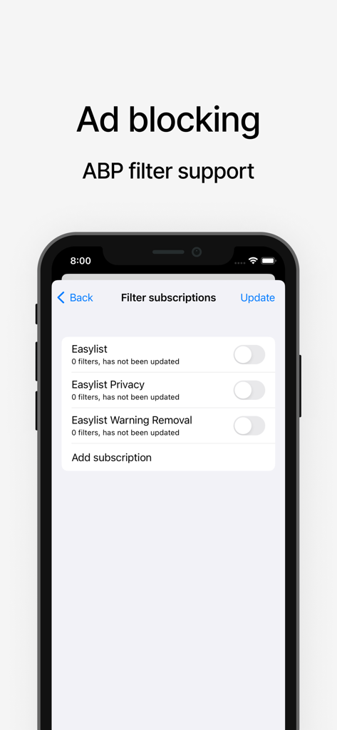 Schermata delle impostazioni di blocco degli annunci e abbonamento ai filtri ABP in Via Browser